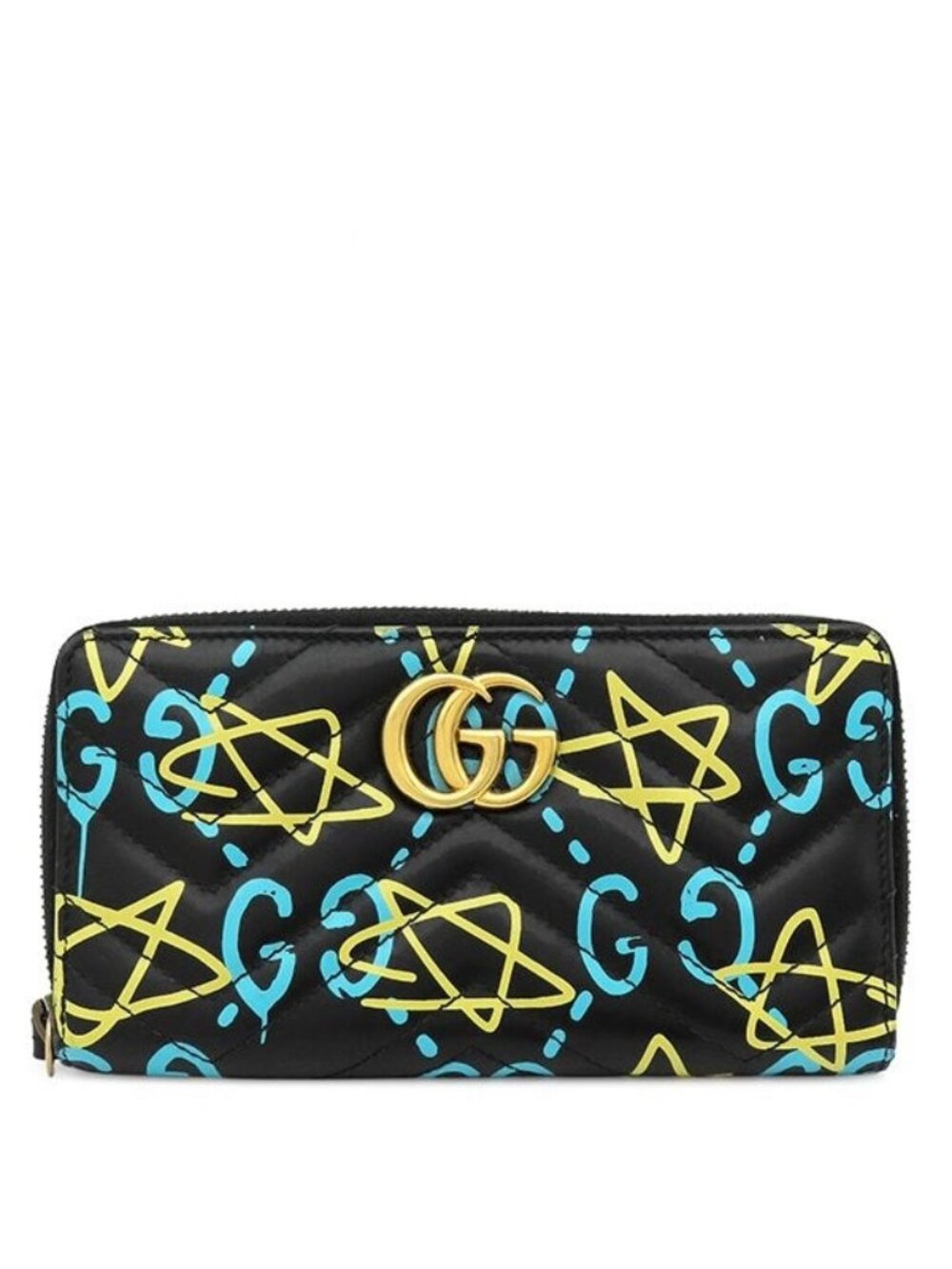Gucci Wallet Ghost Zip Around Leather Black Yellow Blue Vintage GG Star Doodle